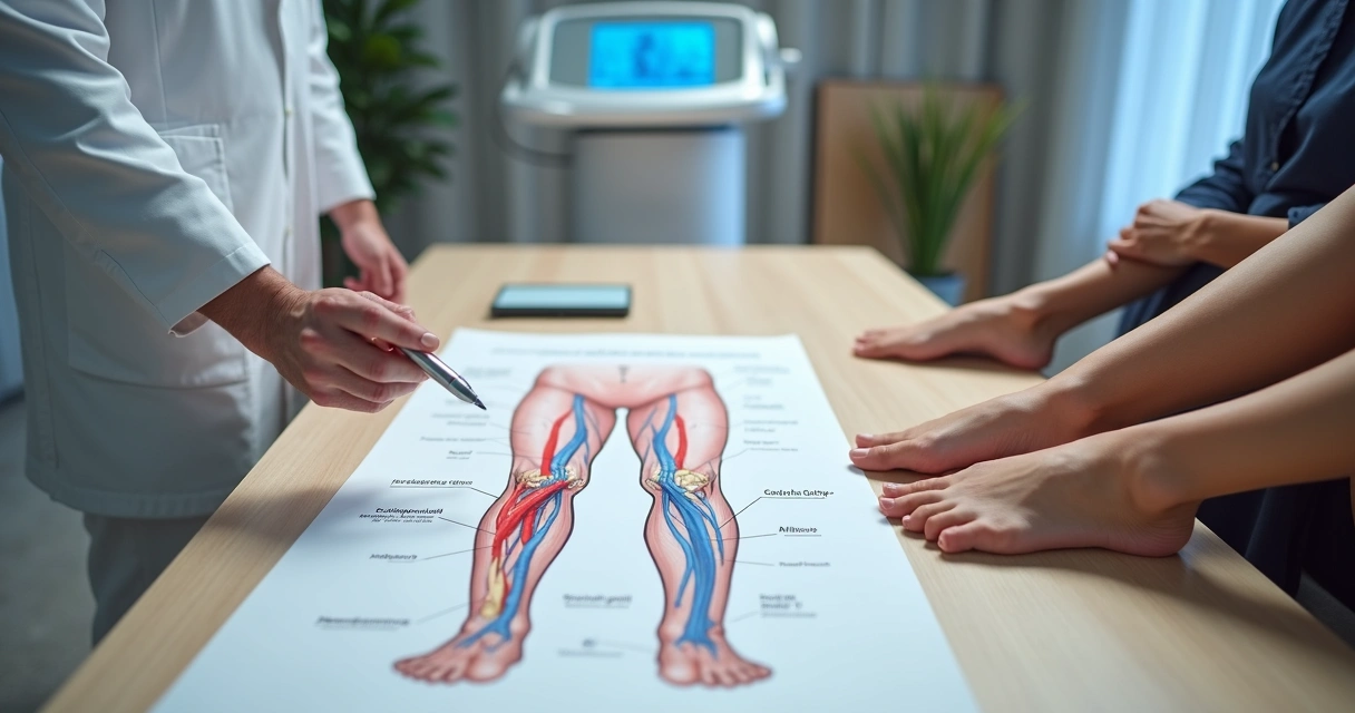 Profissional de saúde apontando mapa ilustrado de veias nas pernas em mesa de consultório vascular 