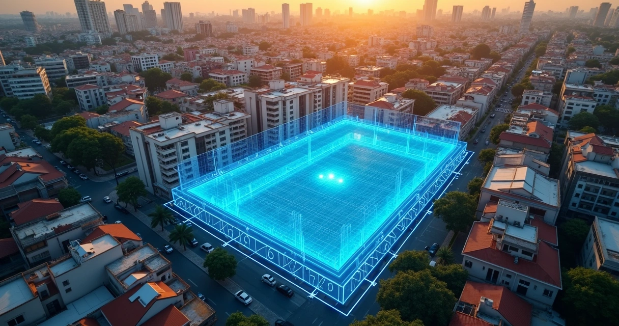 Vista aérea de terreno urbano destacado em mapa com dados de viabilidade construtiva 