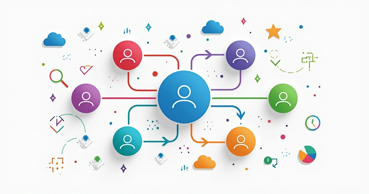 Mapa visual de vínculos organizacionais com cores e setas ligando equipes 