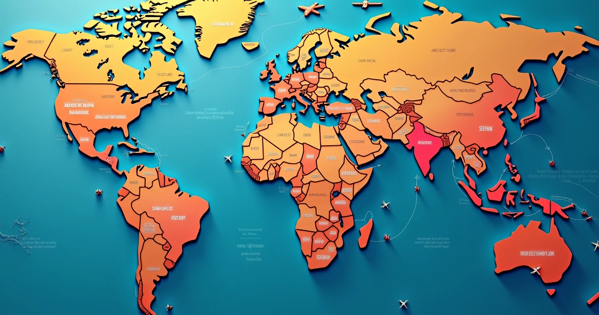 Mapa mundi com linhas de voos e datas destacadas em cores baixas 