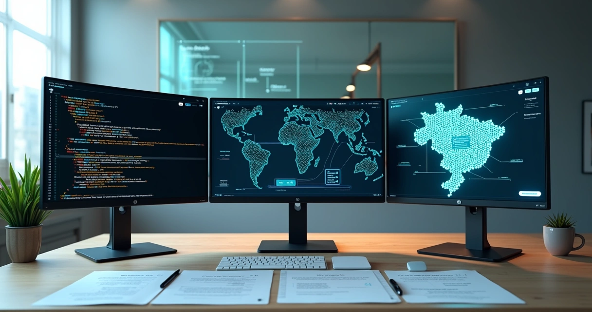Mesa com monitores exibindo XML mapeado em wireframe de DANFSe digital 