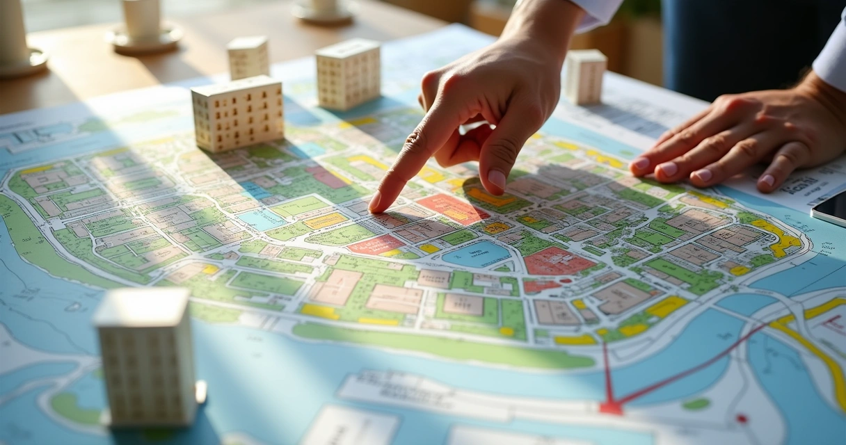 Mapa colorido de zoneamento urbano sobre a mesa com maquete de prédio 