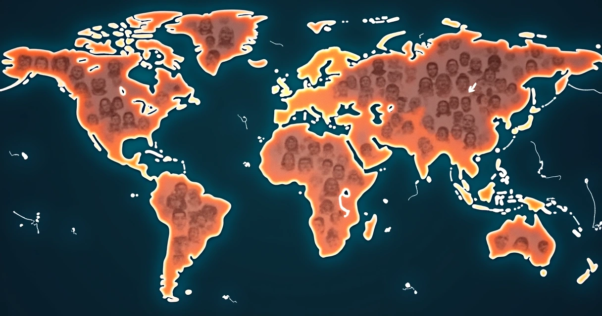 Mapamundi formado por rostros diversos conectados por líneas de color 