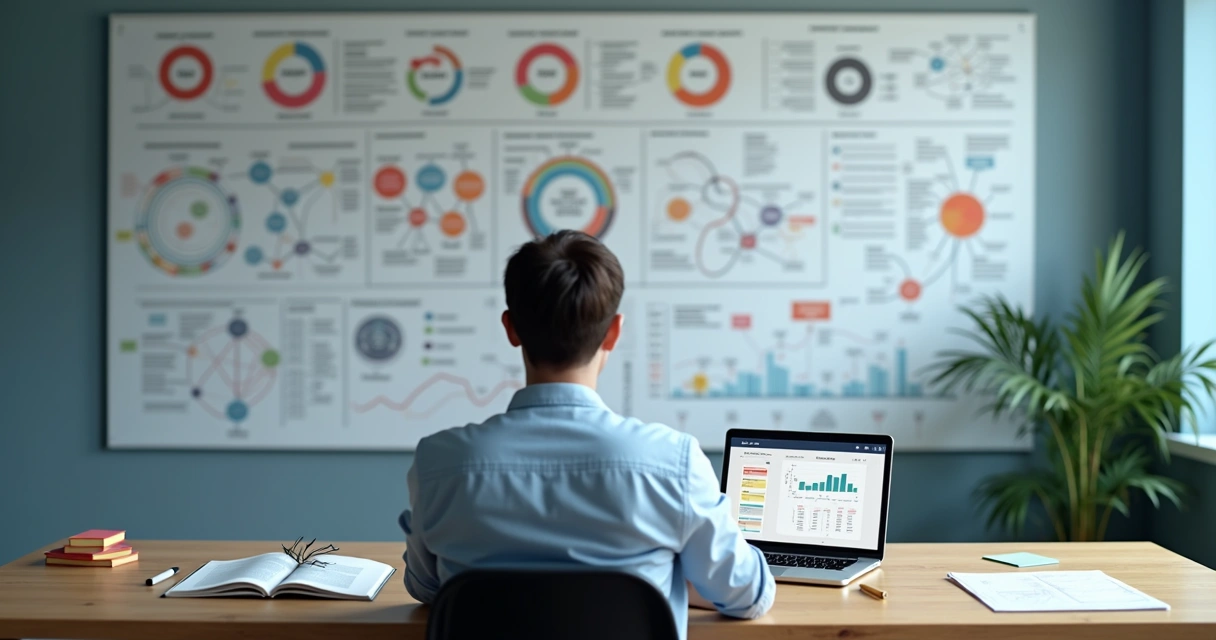 Pessoa analisando ciclos do próprio comportamento em painéis com gráficos e conexões 