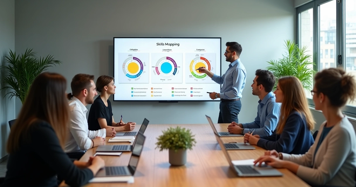 Equipe diversa em sala de reunião analisando mapa de competências socioemocionais em painel digital 