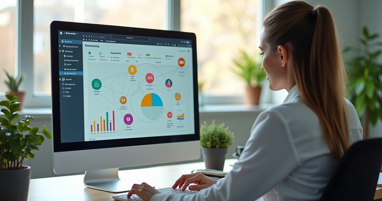 Nutricionista analisando dados comportamentais em painel digital 