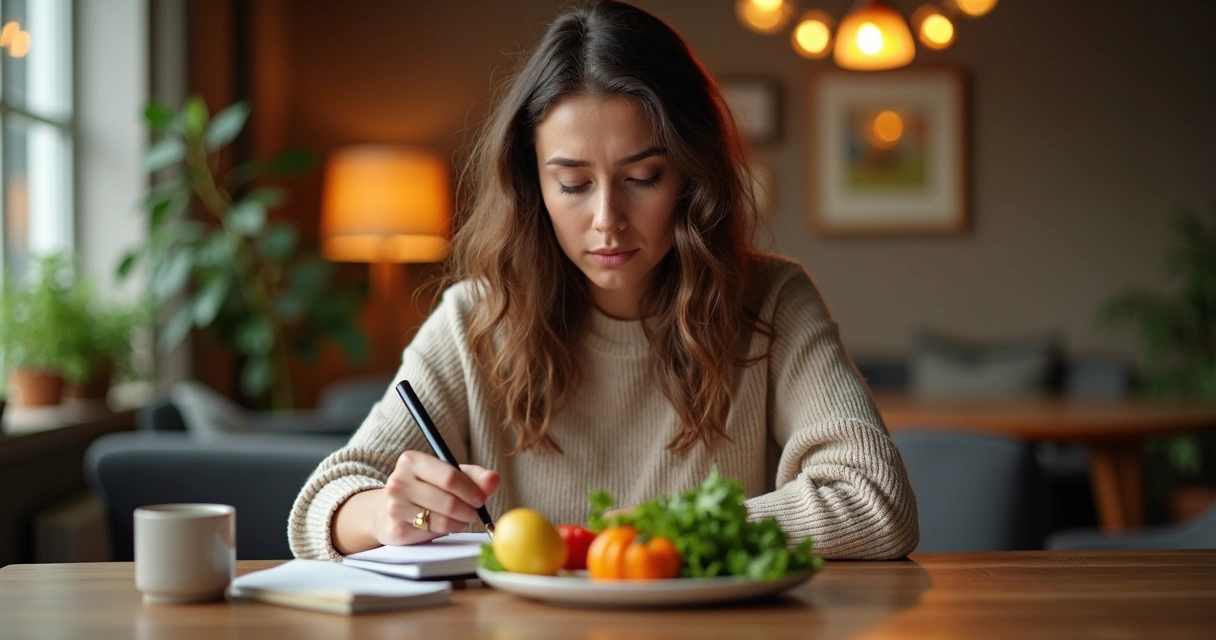 Pessoa fazendo anotações sobre emoções ao lado de um prato de comida saudável 