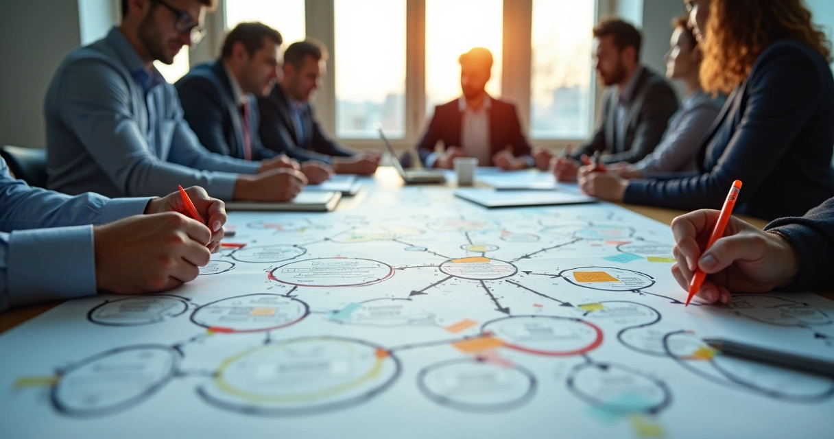 Mapa visual com conexões entre empresas, fornecedores e clientes numa mesa de reunião 