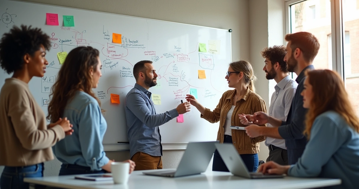 Equipe reunida desenhando mapa emocional em mural com post-its coloridos 