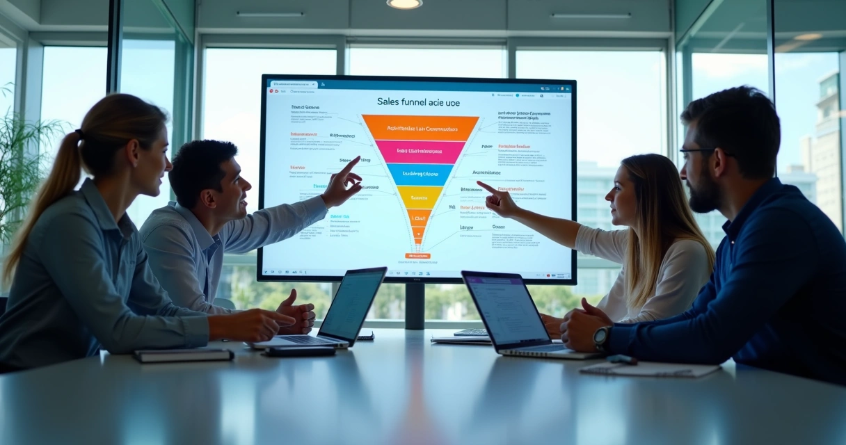 Team analyzing sales funnel on a digital panel