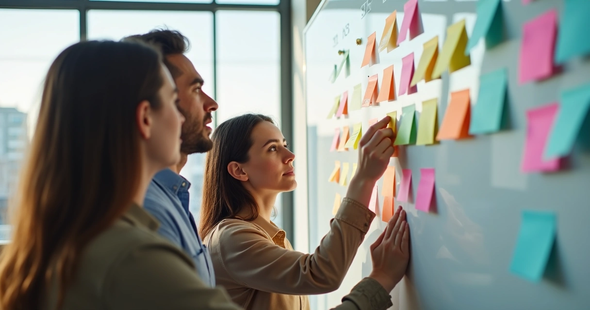 Pessoas diversas colando post-its coloridos em quadro branco durante dinâmica de grupo