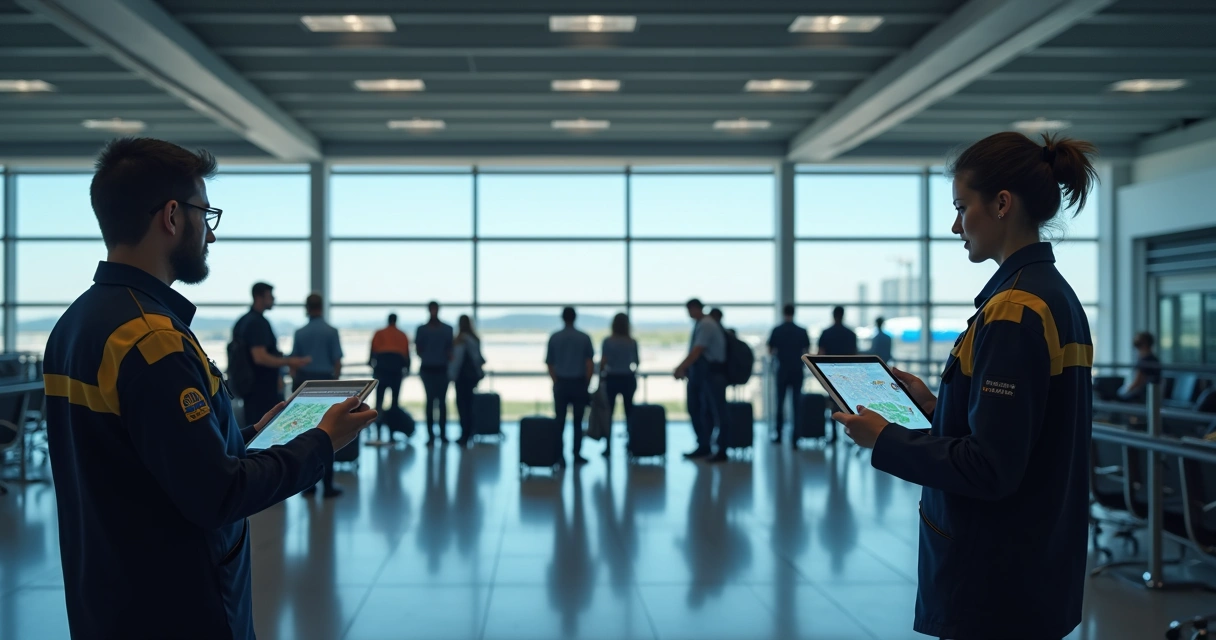 Equipe usando tablets e wearables em terminal de aeroporto 