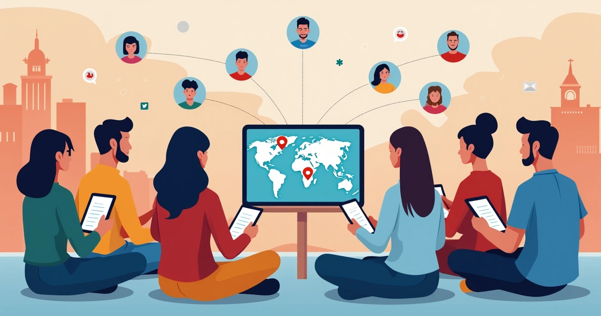 Grupo de pessoas discutindo em círculo com dispositivos móveis e símbolos de redes sociais 