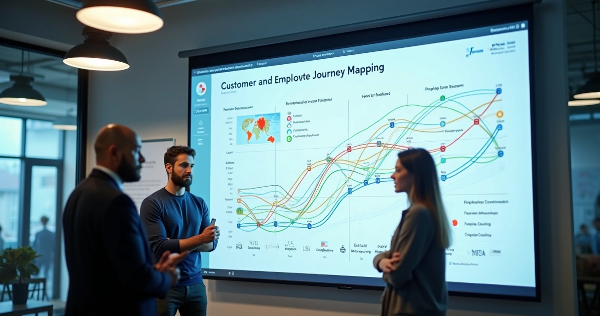 Representação visual de mapeamento da jornada do cliente e colaborador em painel digital 
