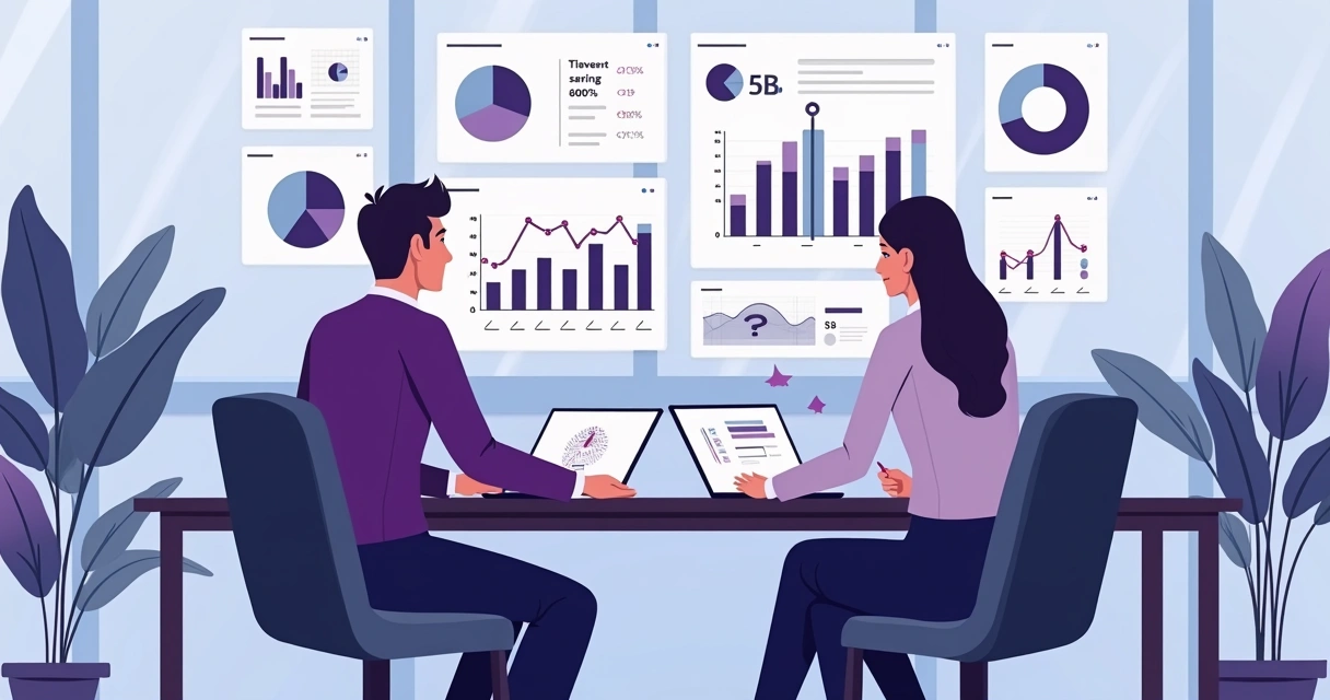Representação visual com gráficos e números destacando um vendedor e um cliente analisando métricas financeiras juntos 