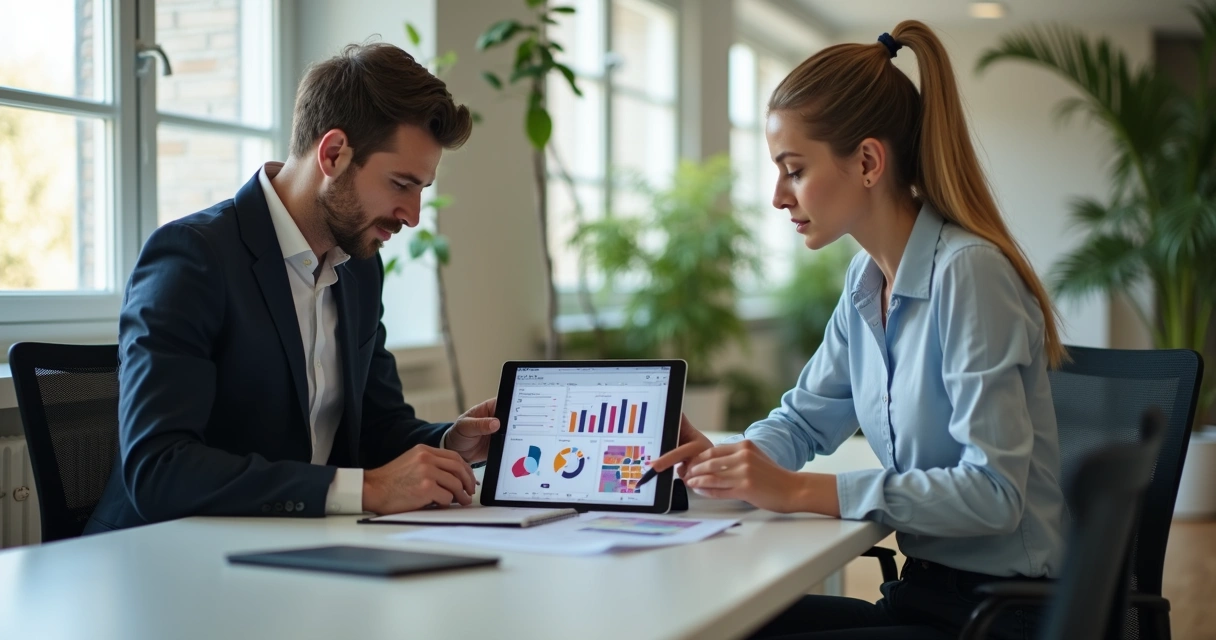 Gestor realizando entrevista individual com colaborador, ambos consultando relatórios em um tablet. 