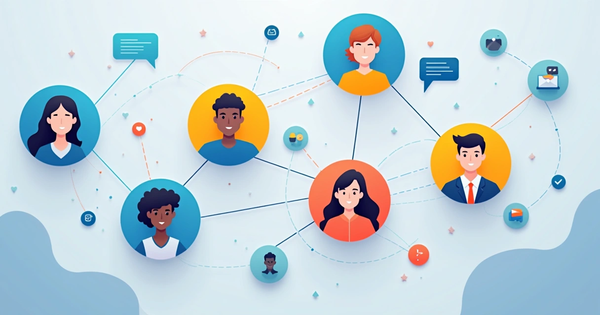 Gráfico colorido mostrando diferentes perfis profissionais B2B conectados por linhas 