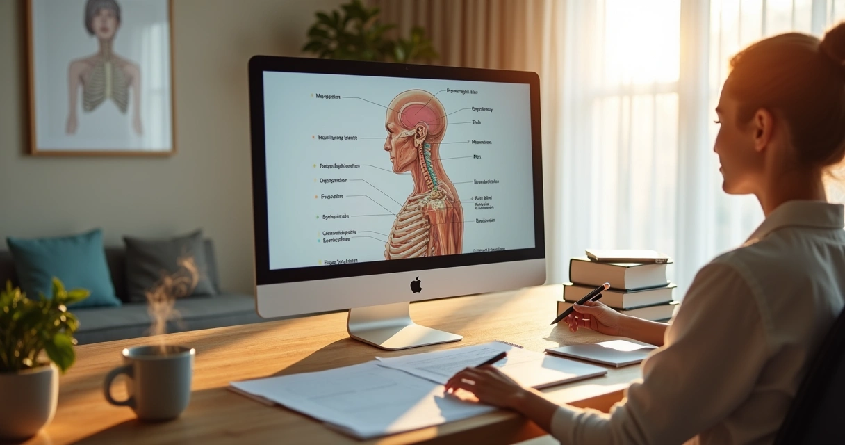 Profissional de acupuntura analisa esquema de pontos para ansiedade em tela digital 