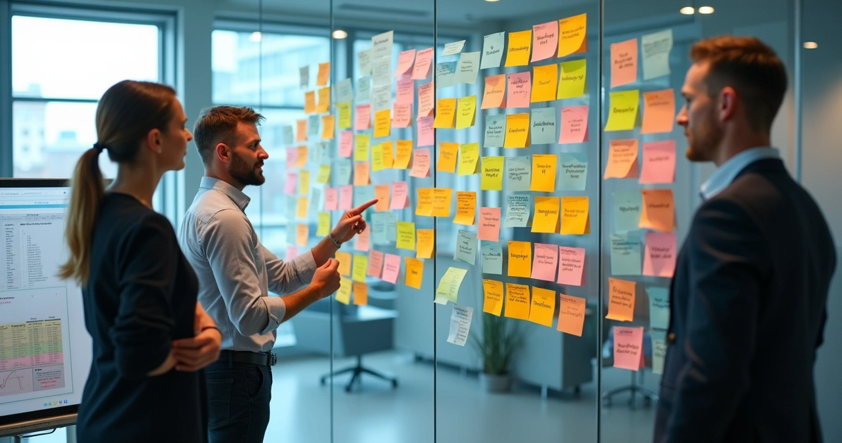 Post-it coloridos organizando produtos em uma parede de escritório 