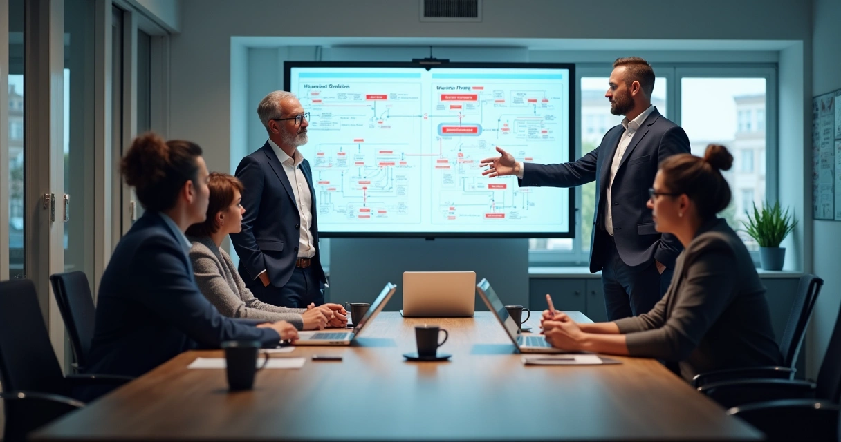 Empresários analisando fluxos de processos em painéis digitais 