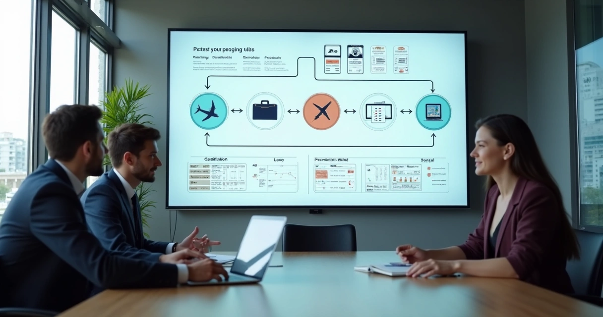 Etapas claras do processo de vendas dentro de agência de viagens, com fluxograma e indicadores visíveis 
