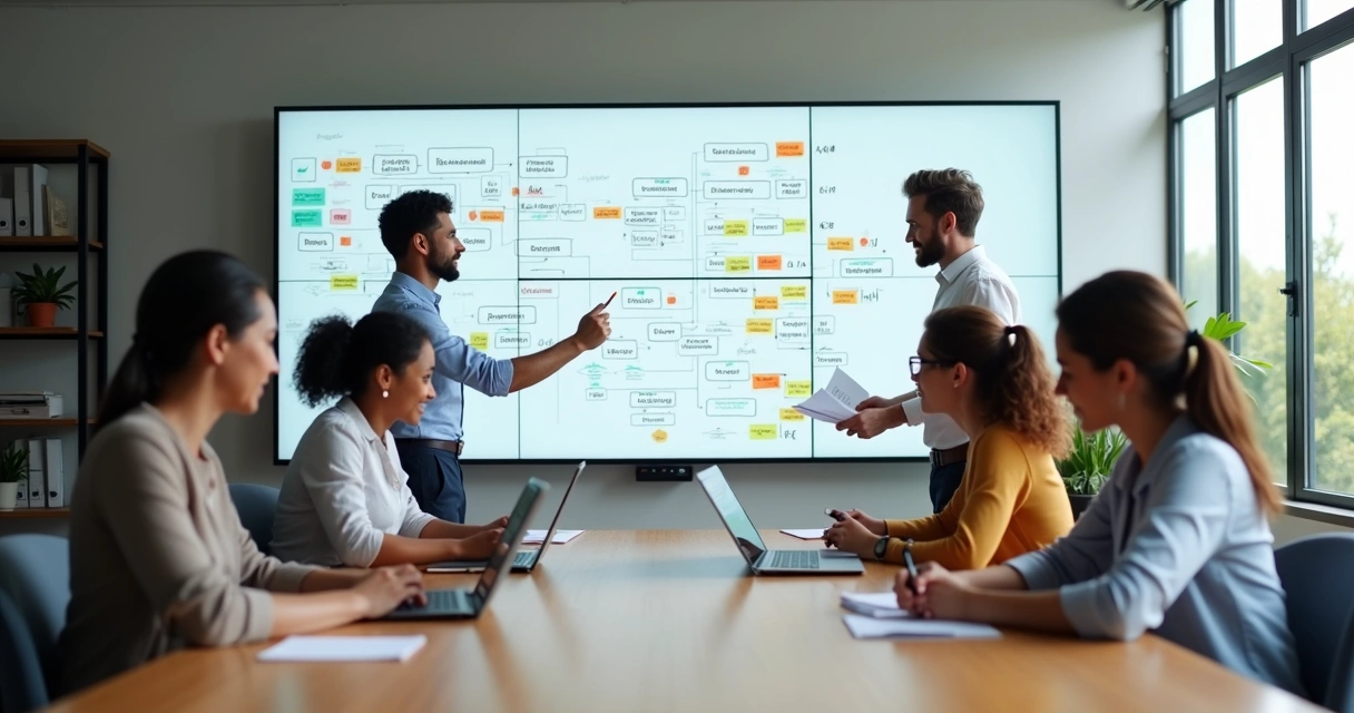 Equipe analisando fluxos de processos internos em telas digitais 