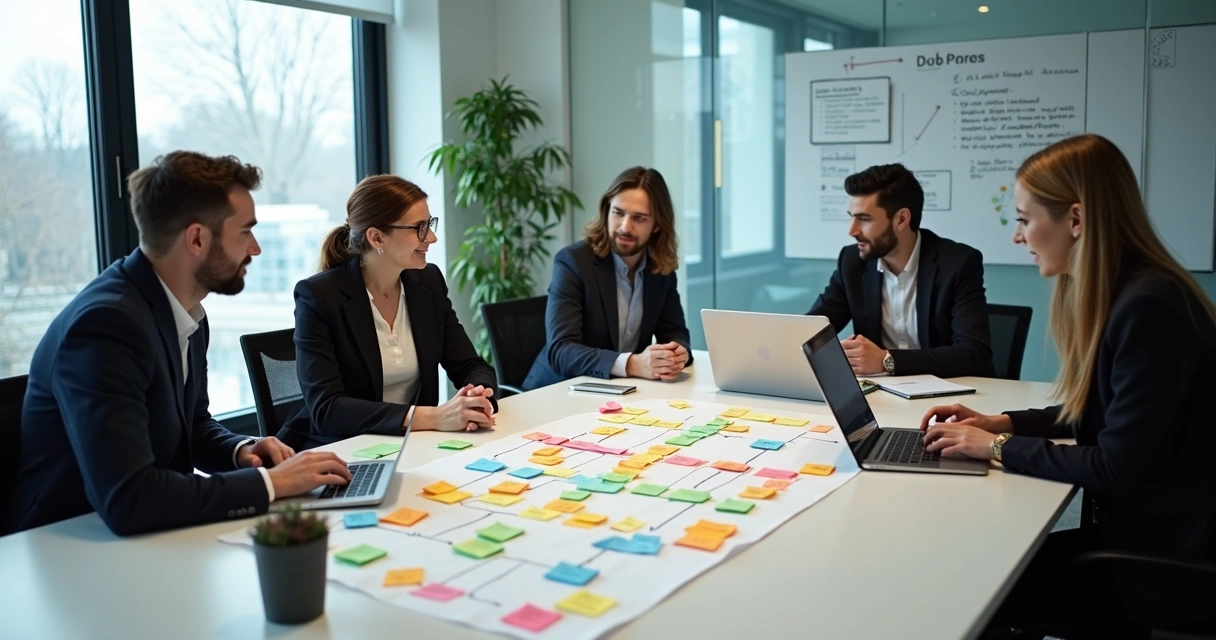 Equipe avaliando mapa de processos em uma sala de reunião
