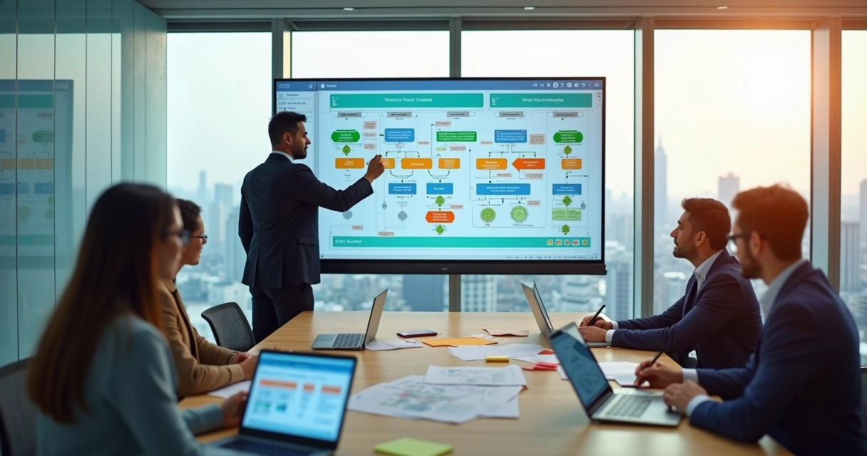 Gestor analisando fluxograma digital de processos em tela grande em escritório corporativo 