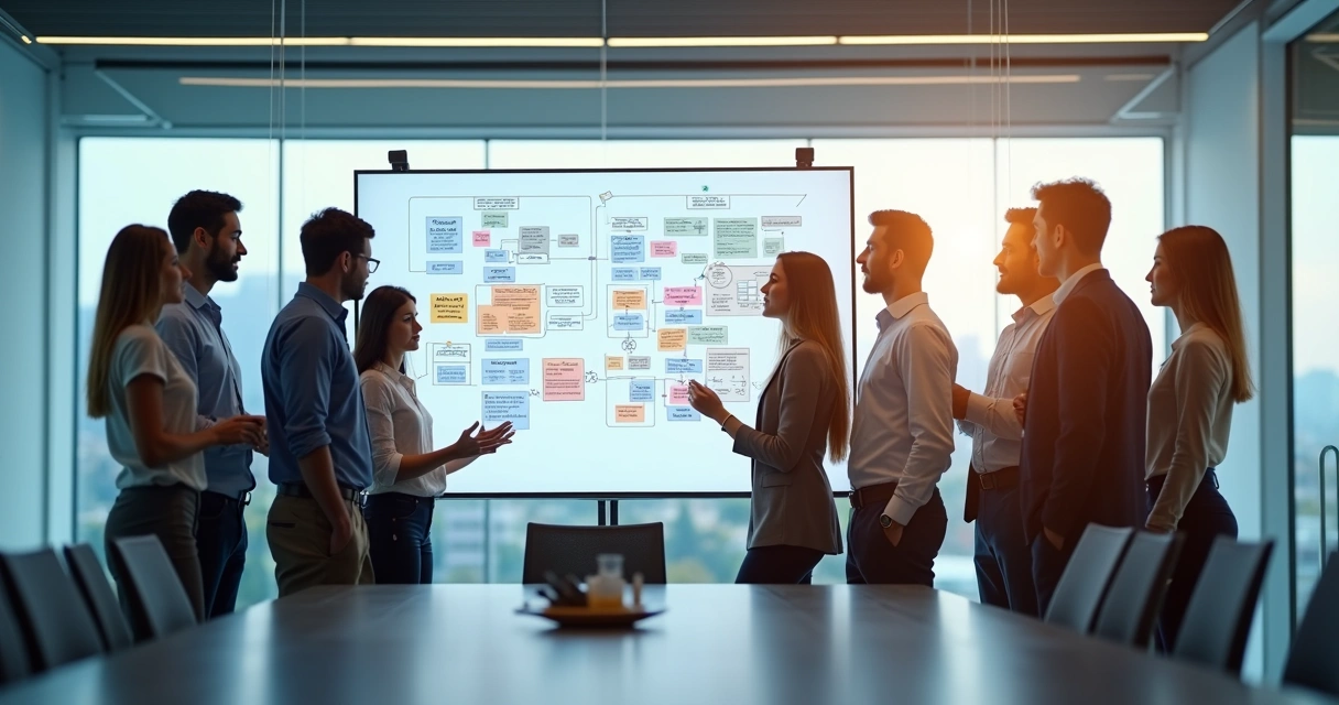Equipe reunida mapeando processos em uma lousa digital 