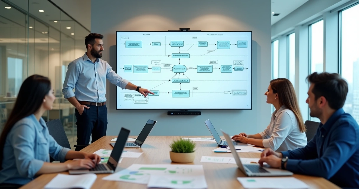 Equipe em escritório analisando fluxograma de processos empresariais em tela grande 