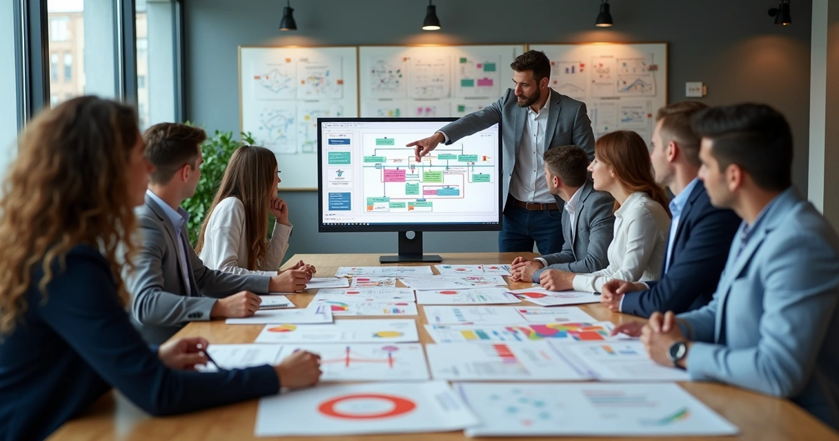 Profissionais analisando fluxogramas detalhados para identificar gargalos em processo empresarial 