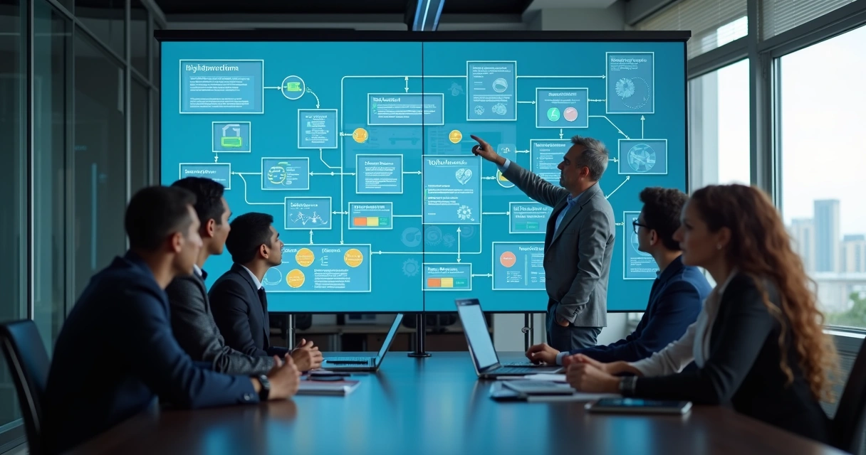 Equipe analisando fluxos e sistemas em painel digital 