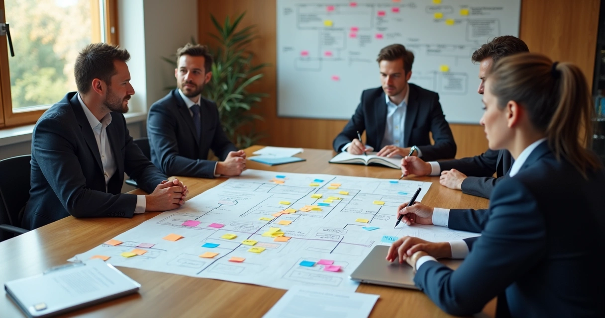 Advogados sentados em volta de uma mesa com fluxogramas e post-its coloridos 