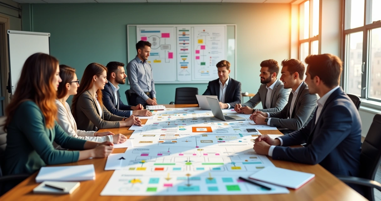 Profissionais de negócios analisando fluxogramas de processos em uma mesa de reunião moderna 