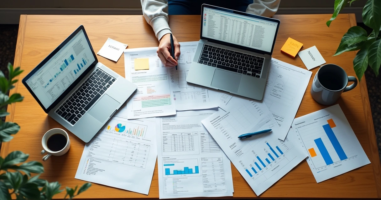 Mesa de trabalho com papéis, laptops e diagramas de processos empresariais organizados em sequência 