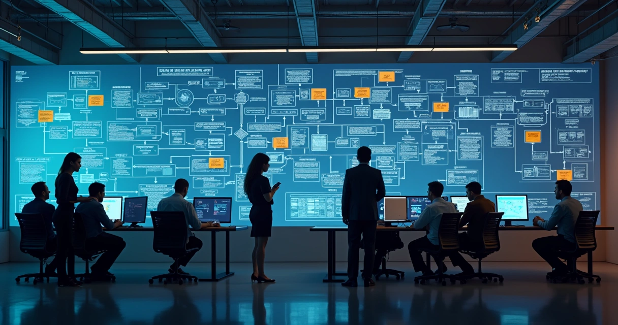 Mapa de processos interligados em uma empresa com fluxos de dados destacados 