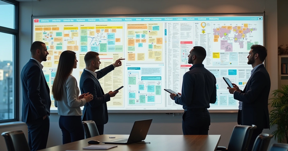 Colaboradores analisando mapas de processos na parede 