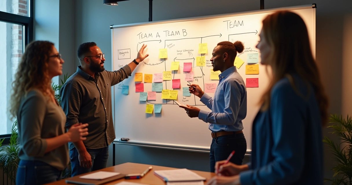 Equipe mapeando processo com Post-its 