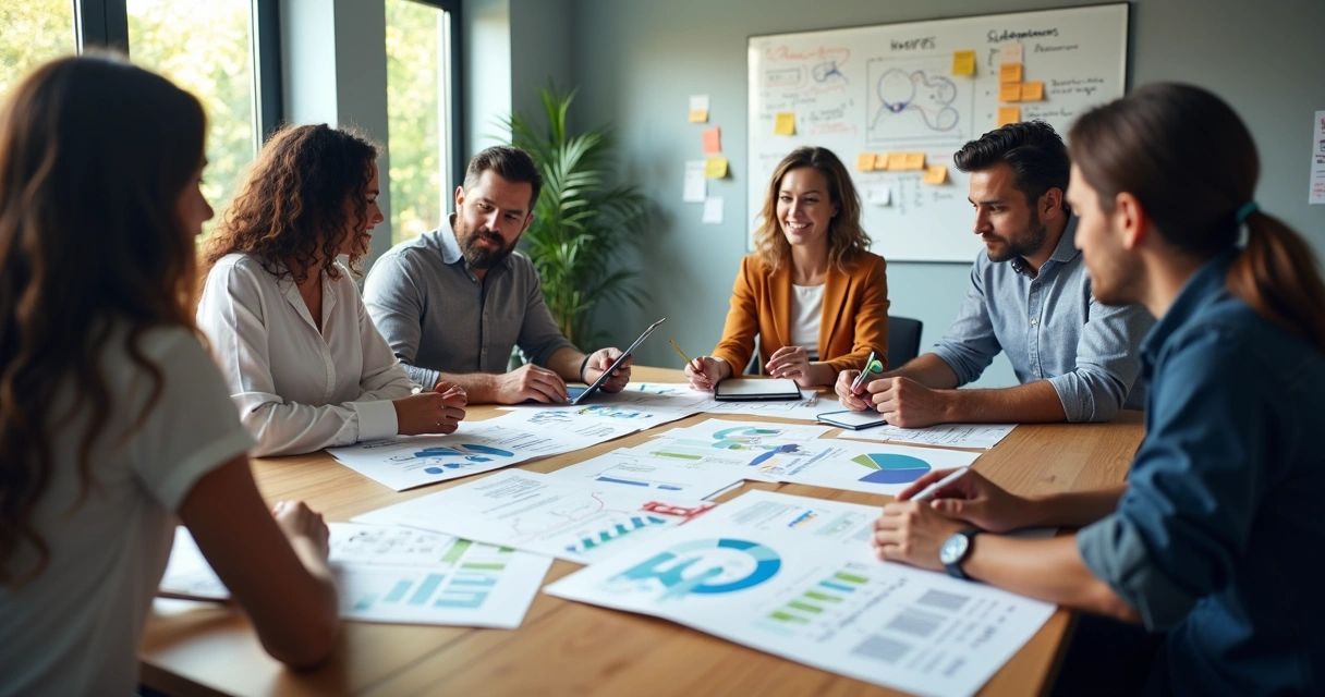 Mesa de reunião com equipe analisando gráficos e fluxos de processos comerciais personalizados para diferentes nichos de mercado 