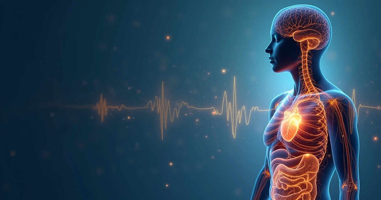 Desenho de uma silhueta humana com circuitos neurais conectando cérebro, coração e intestino 
