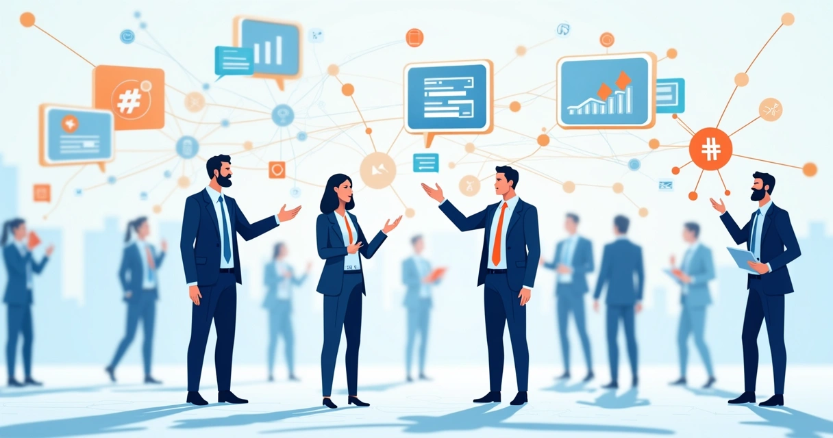 Ilustração de advogados conectados em rede digital com gráficos de influência 