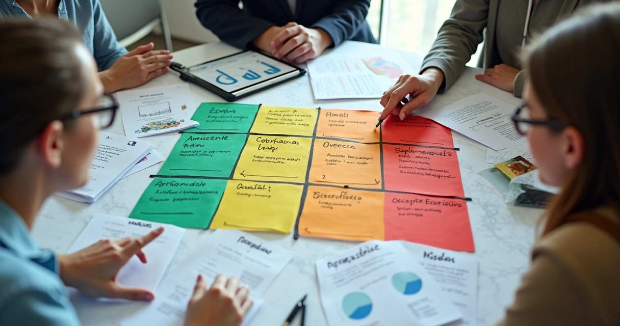 Gráfico de matriz de risco psicossocial com cores e exemplos de fatores de risco 