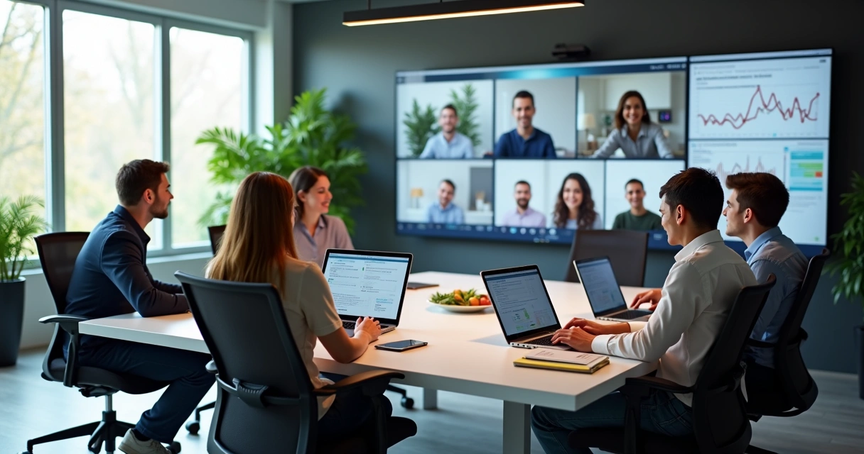 Equipe híbrida trabalhando com laptops e reuniões virtuais em ambiente moderno de escritório