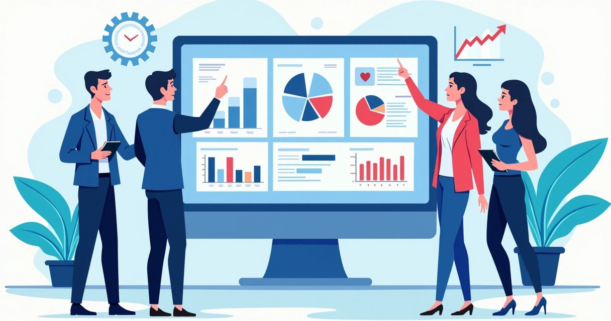 Equipe de TI analisando diagramas e sistemas em painéis digitais