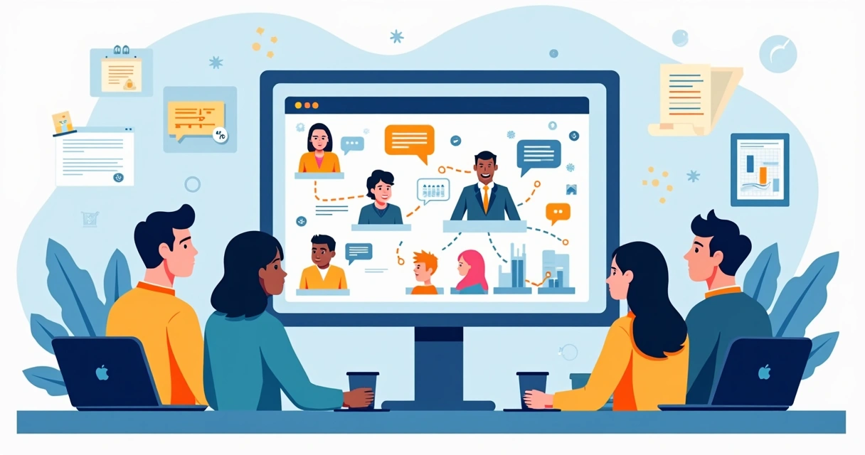 Ilustração corporativa mostrando equipe reunida com gráfico de stakeholders e balões de comunicação sobre tela de computador com Microsoft Project 