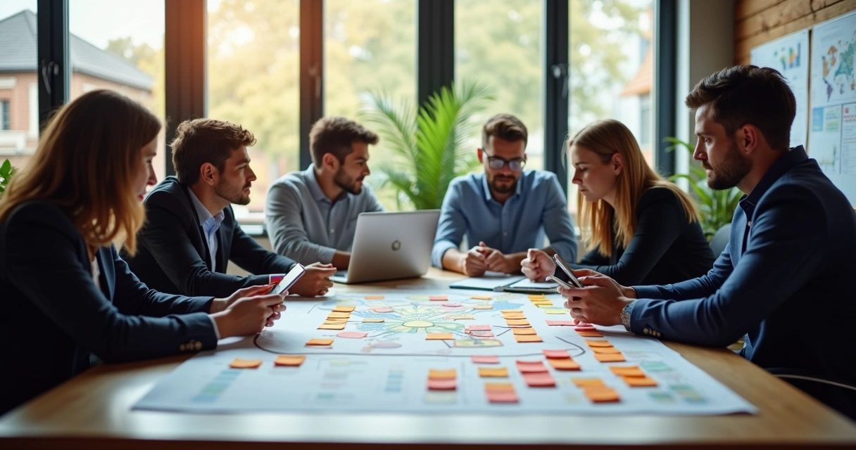 Gestores analisando mapa visual de grupos envolvidos em projeto 