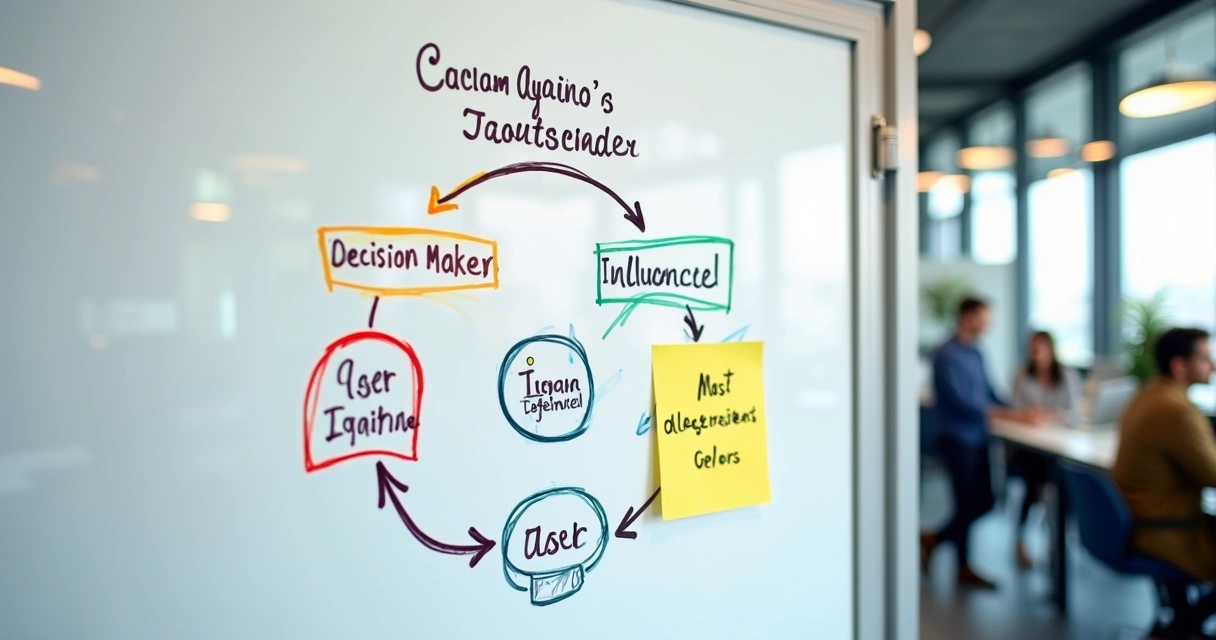 Quadro desenhado à mão mostrando um organograma de empresa com setas coloridas ligando diferentes cargos