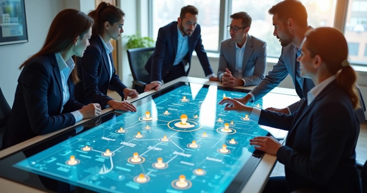 Ilustração realista de profissionais analisando um mapa digital com perfis de stakeholders conectados 