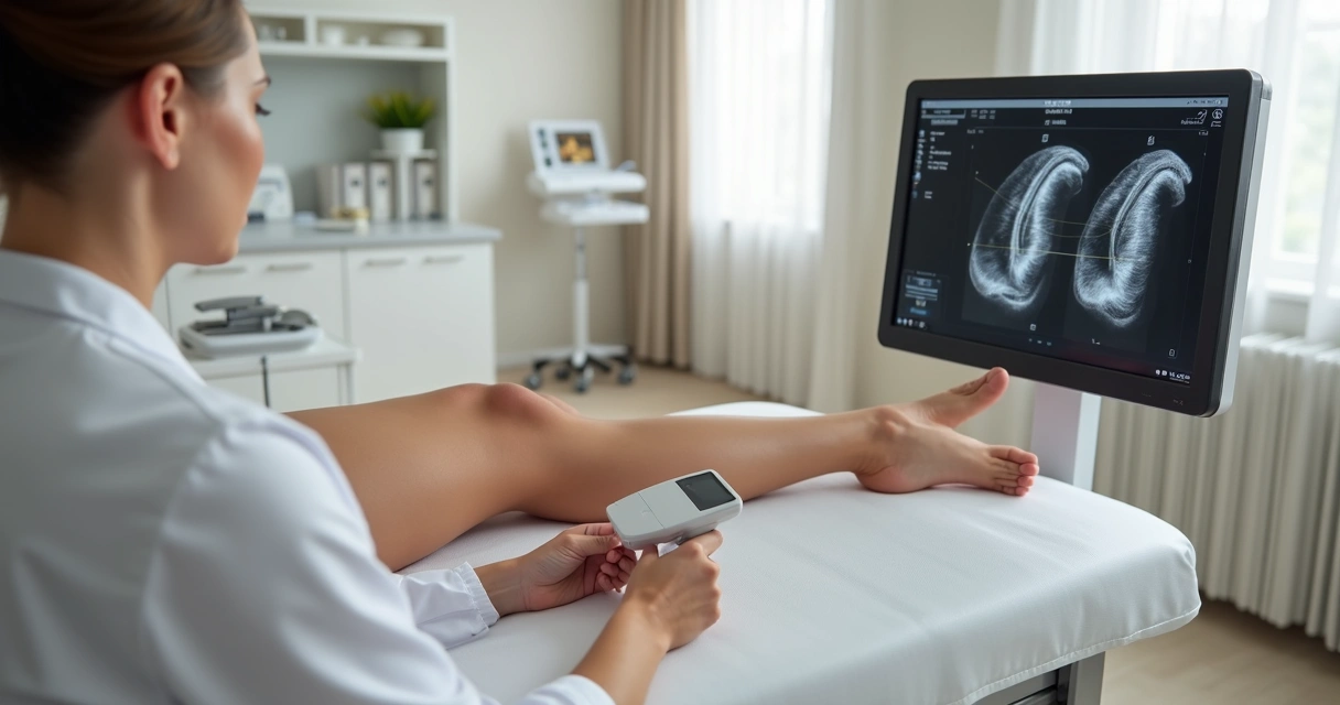 Médico realizando ultrassom vascular na perna do paciente