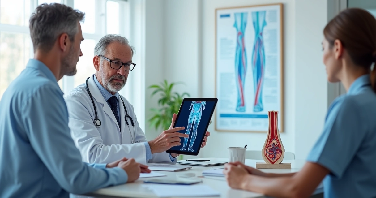 Angiologista explica mapeamento vascular a paciente usando tablet com imagem 3D das veias 